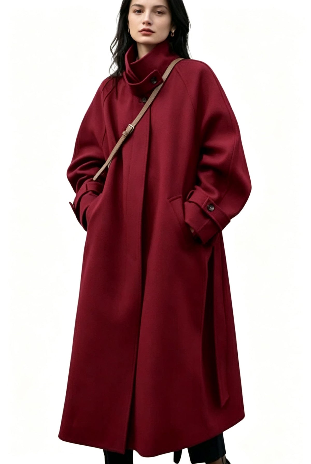 Women's Oversized Long Wool Coat Wide Lapel Belted