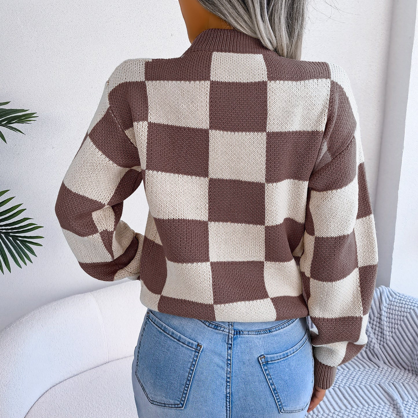2025 Fall/Winter Colorblock Checkered Knit Sweater - Street Style