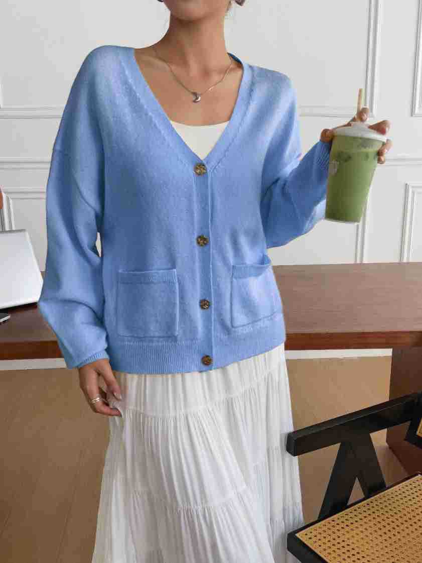Women’s Solid Color Knit Cardigan V Neck Long Sleeve Top