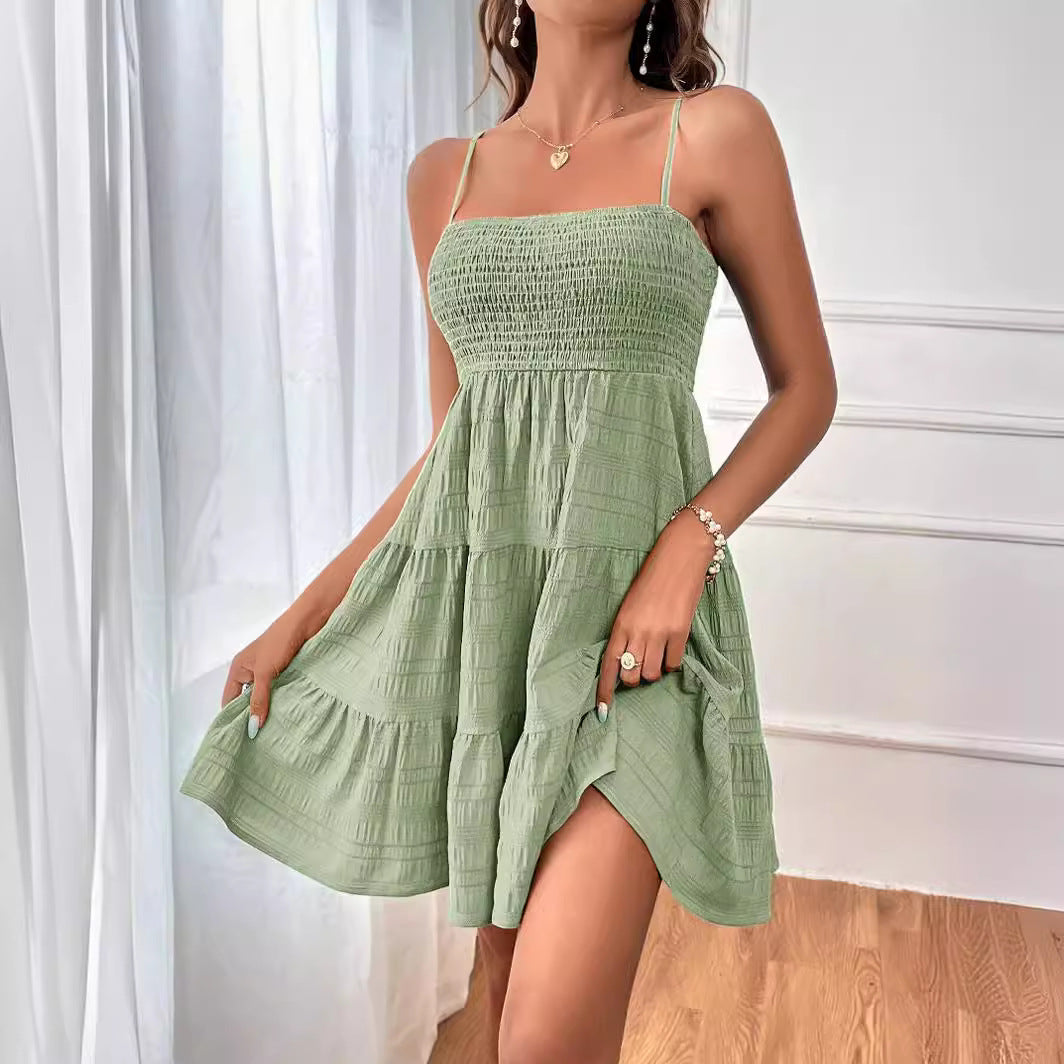 2025 Summer New Women's Off-Shoulder Spaghetti Strap Solid Color Versatile Dress