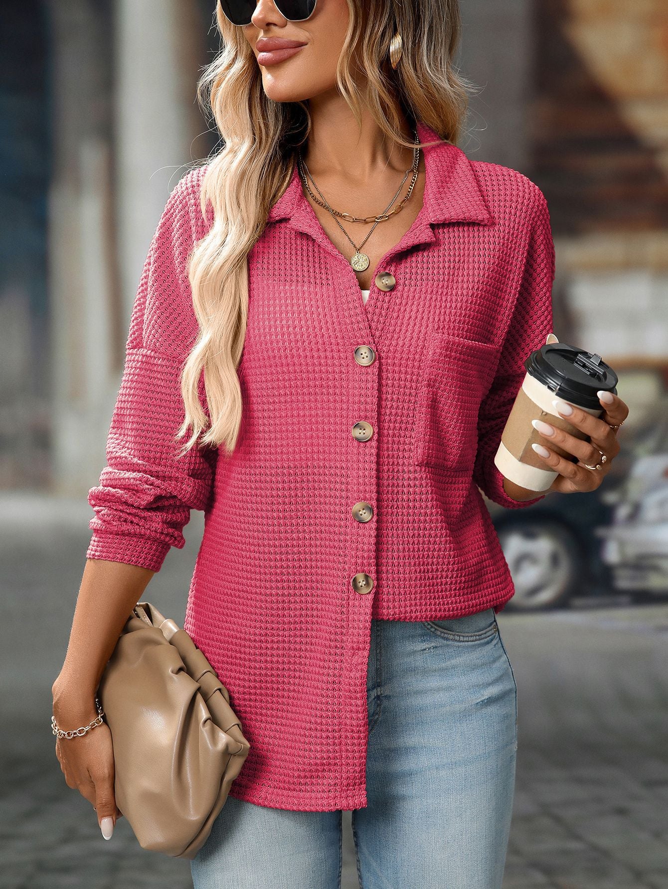 2025 Fall/Winter Casual Waffle Knit Shirt – Loose Fit Commuter Top
