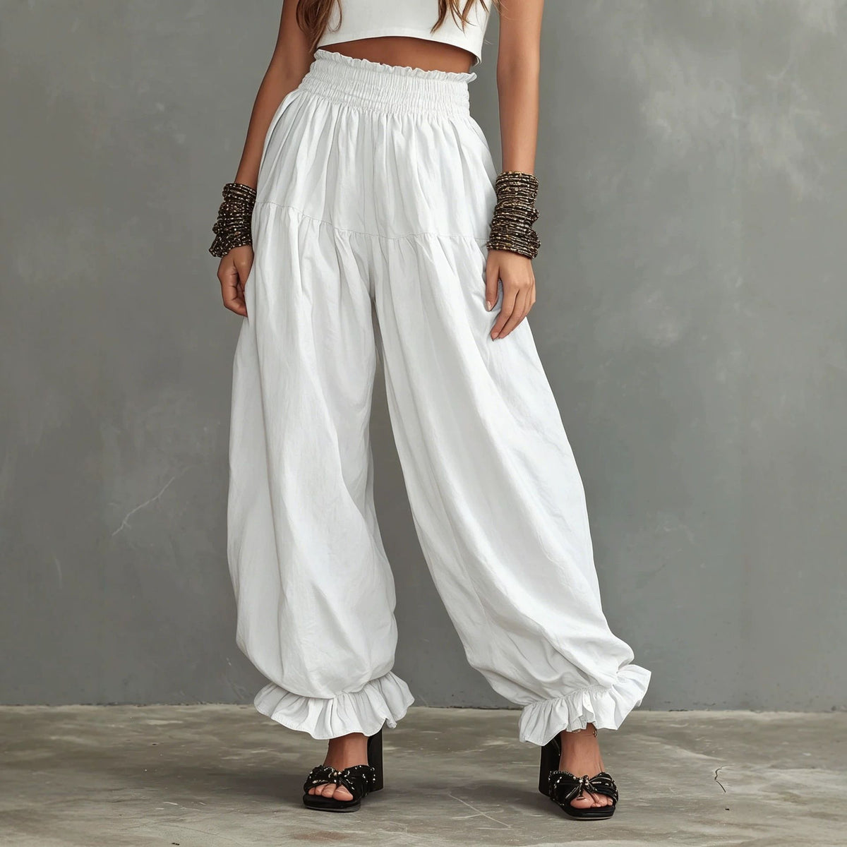 Women's Smocked High Waist Ruffle Hem Wide Leg Pants