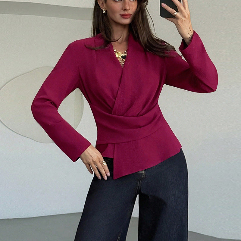 Burgundy Wrap V Neck Blouse Long Sleeve Ruched Top