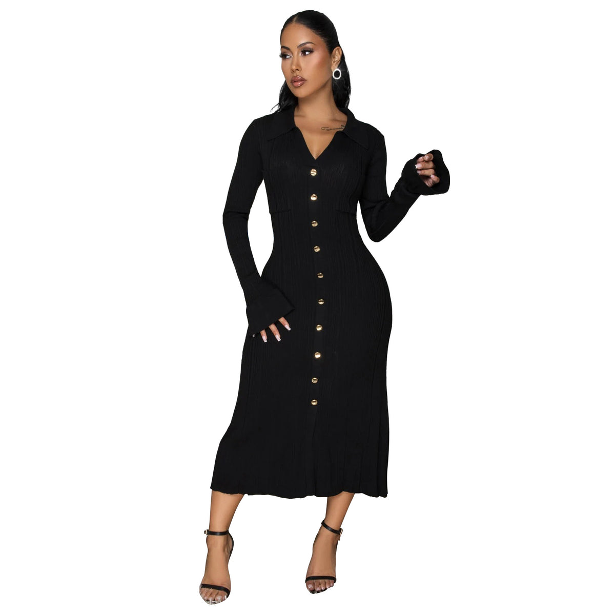 Women's Ribbed Button Front Midi Dress Long Sleeve V Neck