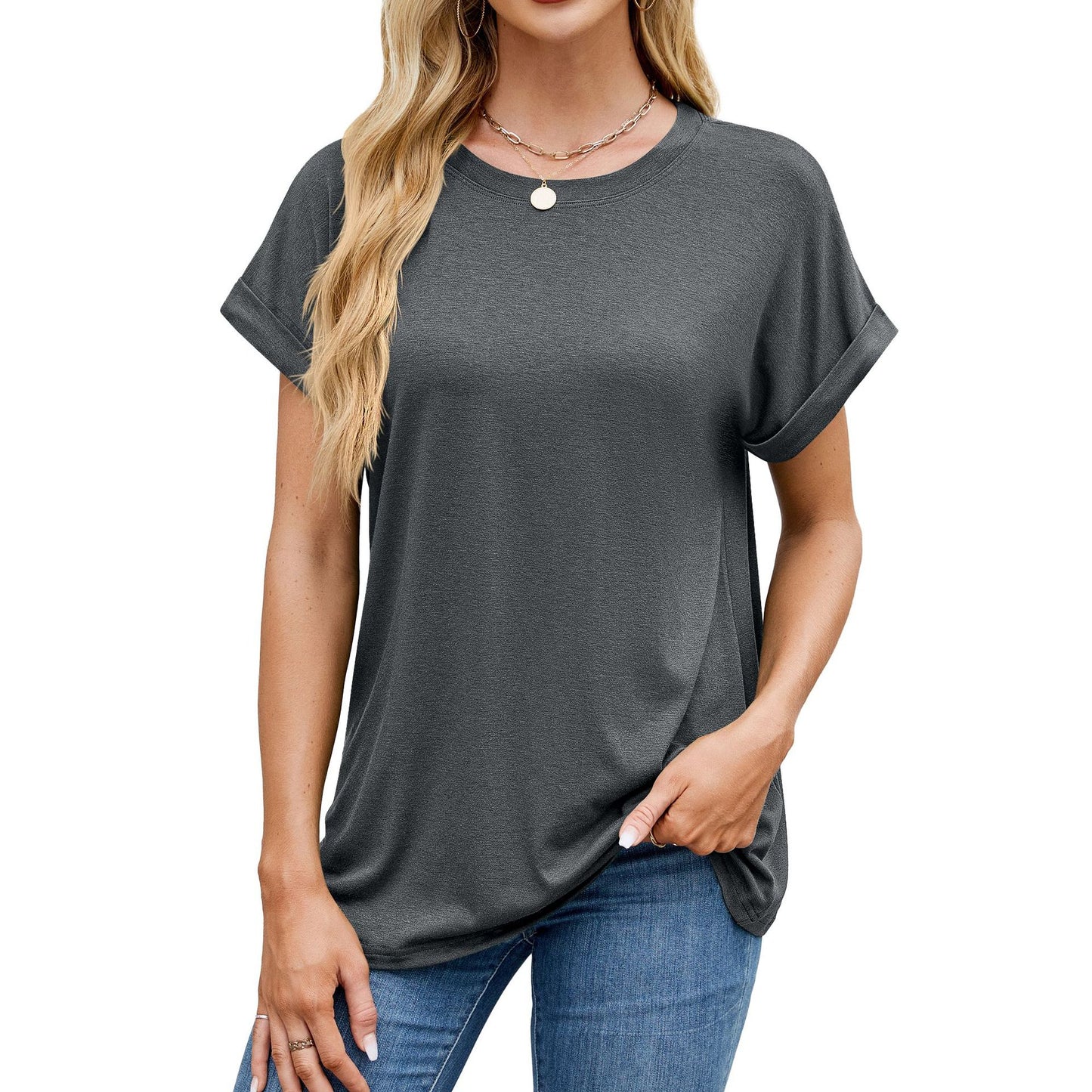 Solid Knit T Shirt Loose Fit Casual Custom Top