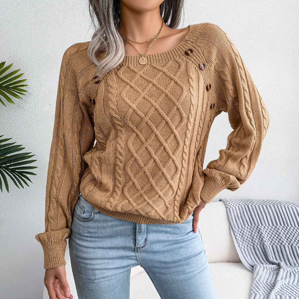 2025 Fall Winter Casual Square Neck Button Detail Cable Knit Sweater