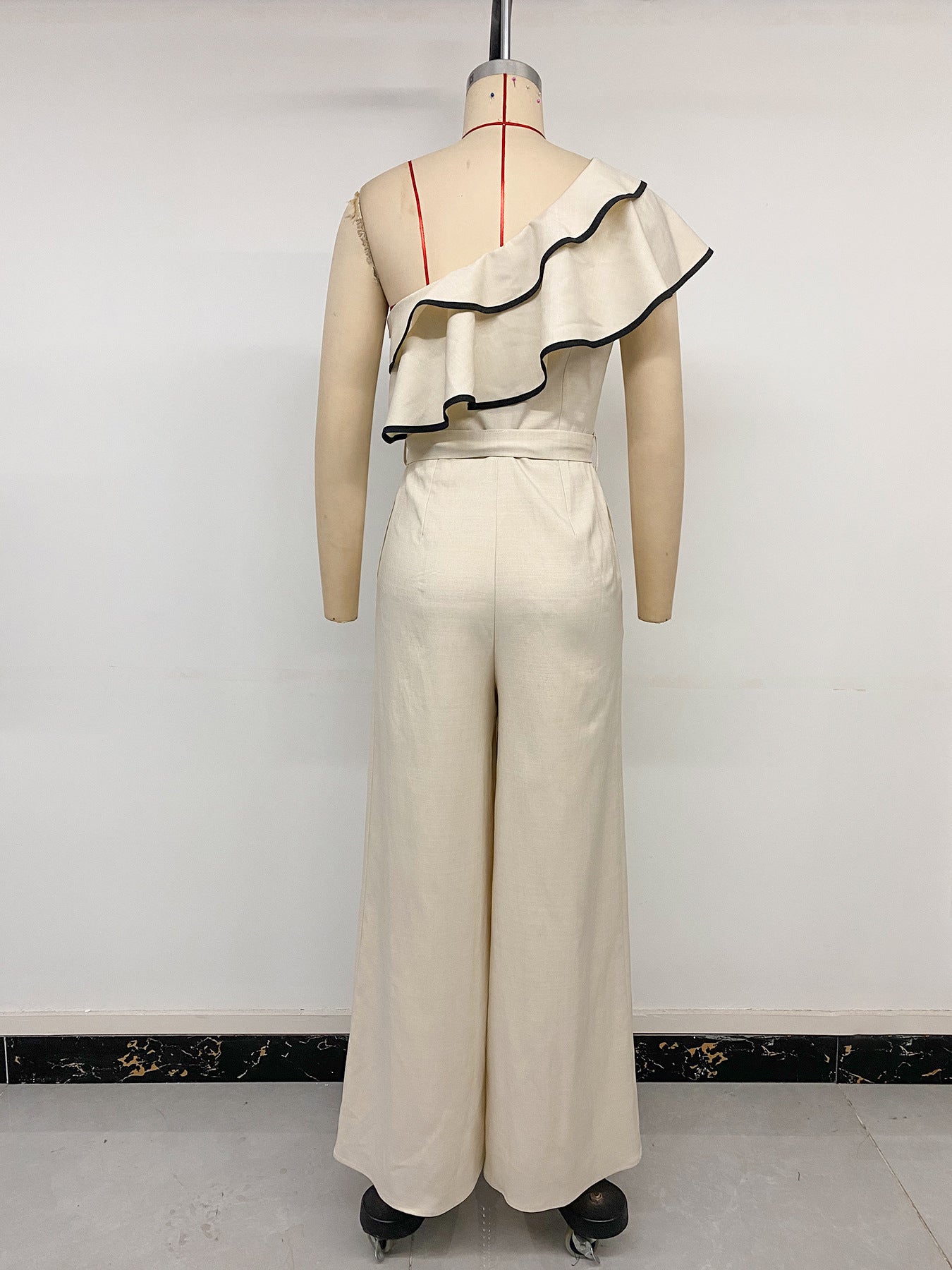 Women One Shoulder Ruffle Jumpsuit Wide Leg High Waist Tie Waist