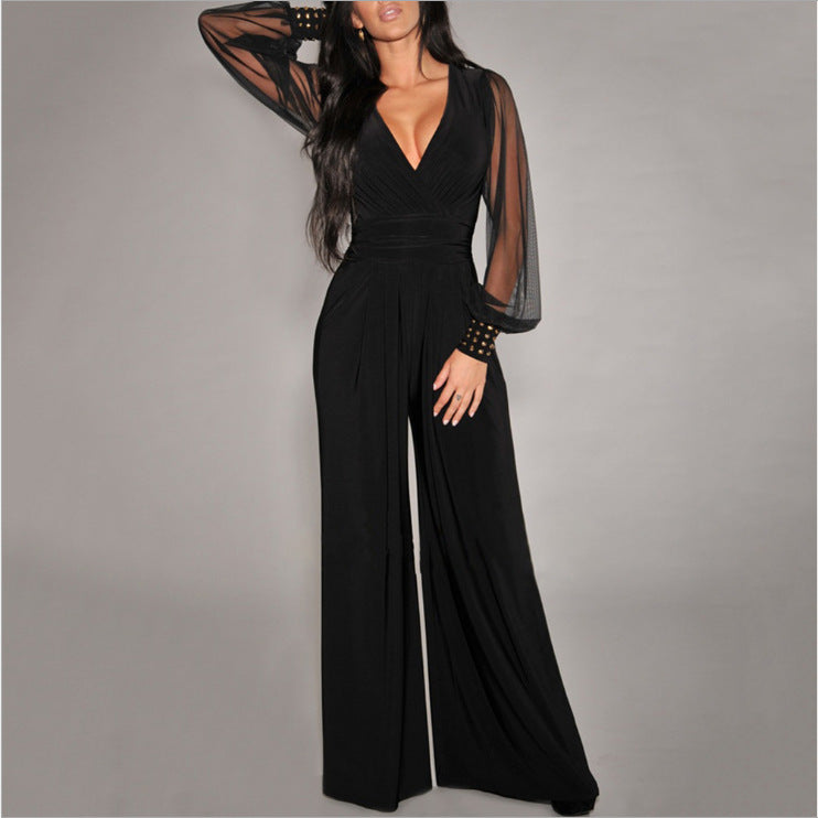 Sexy Black V-Neck Mesh Sleeve Wide Leg Studded Jumpsuit
