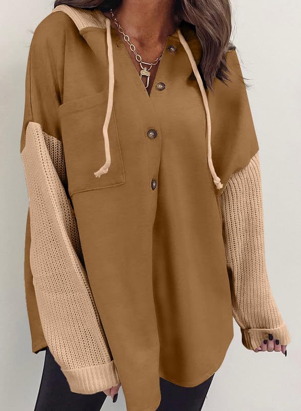 2025 Fall/Winter Colorblock Knit Sleeve Hoodie – Casual Button Down Top