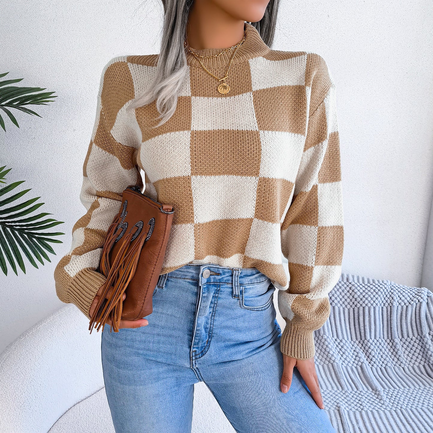 2025 Fall/Winter Colorblock Checkered Knit Sweater - Street Style