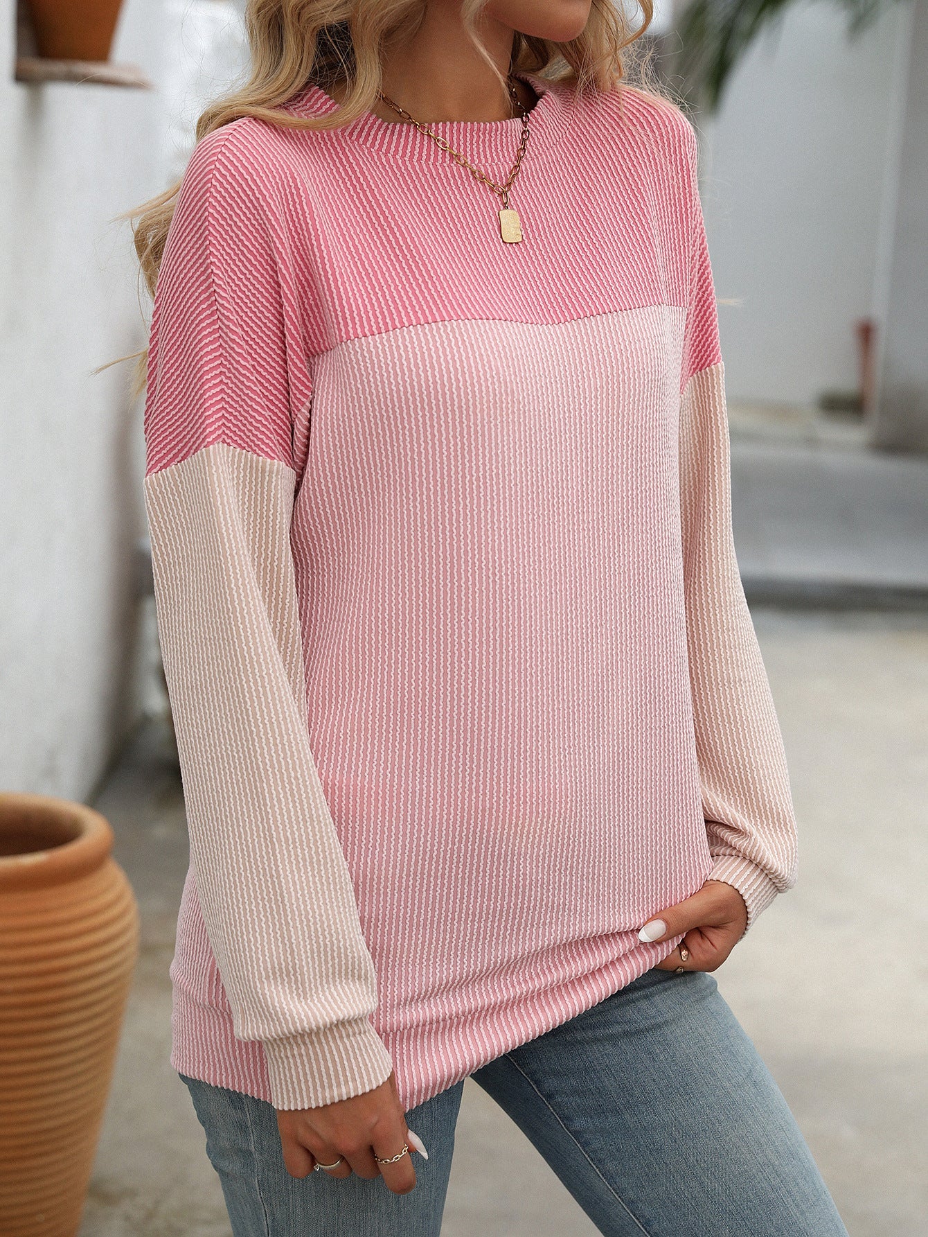 Women’s Colorblock T-Shirt Long Sleeve Loose Top
