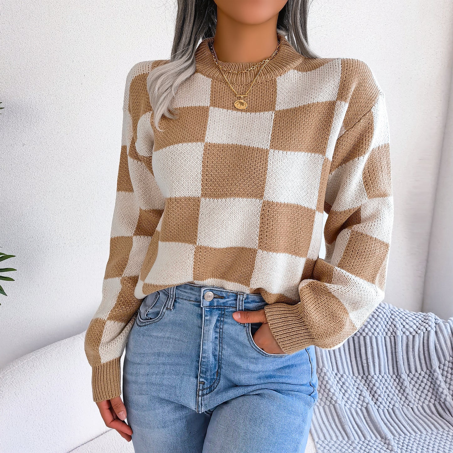 2025 Fall/Winter Colorblock Checkered Knit Sweater - Street Style