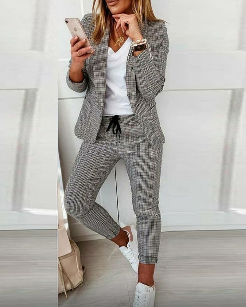 Women's Plaid Blazer Pants Set 2 Piece