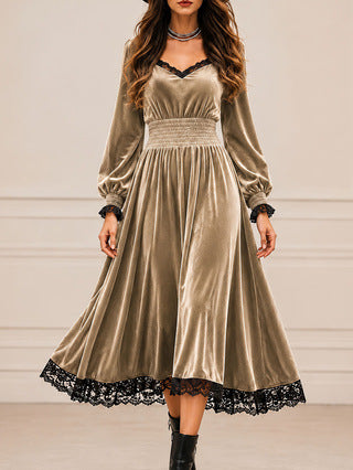 Women's Velvet Lace Trim V-Neck Long Sleeve Midi Dress