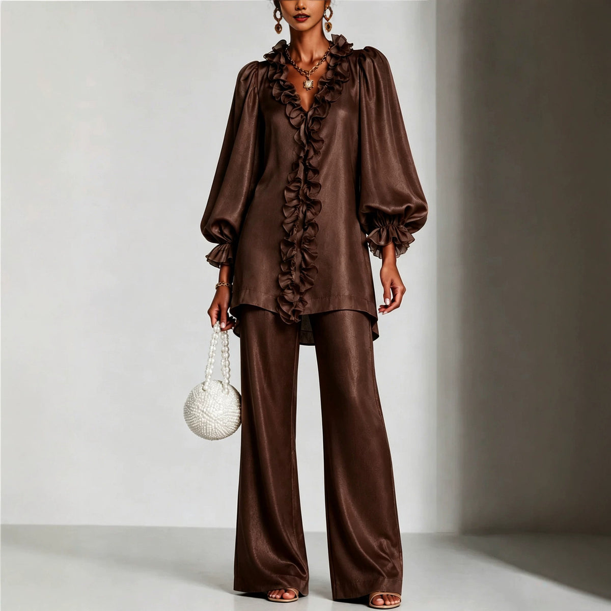 Women's Ruffle V-Neck Puff Sleeve Wide Leg Pants Set