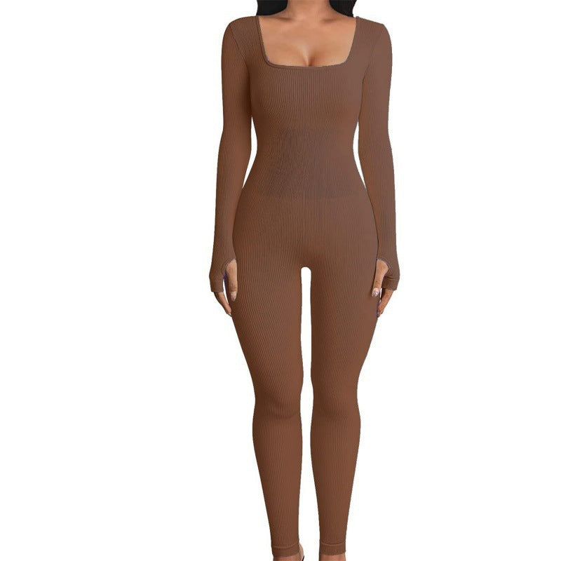 Womens Ribbed Square Neck Bodycon Long Sleeve Jumpsuit