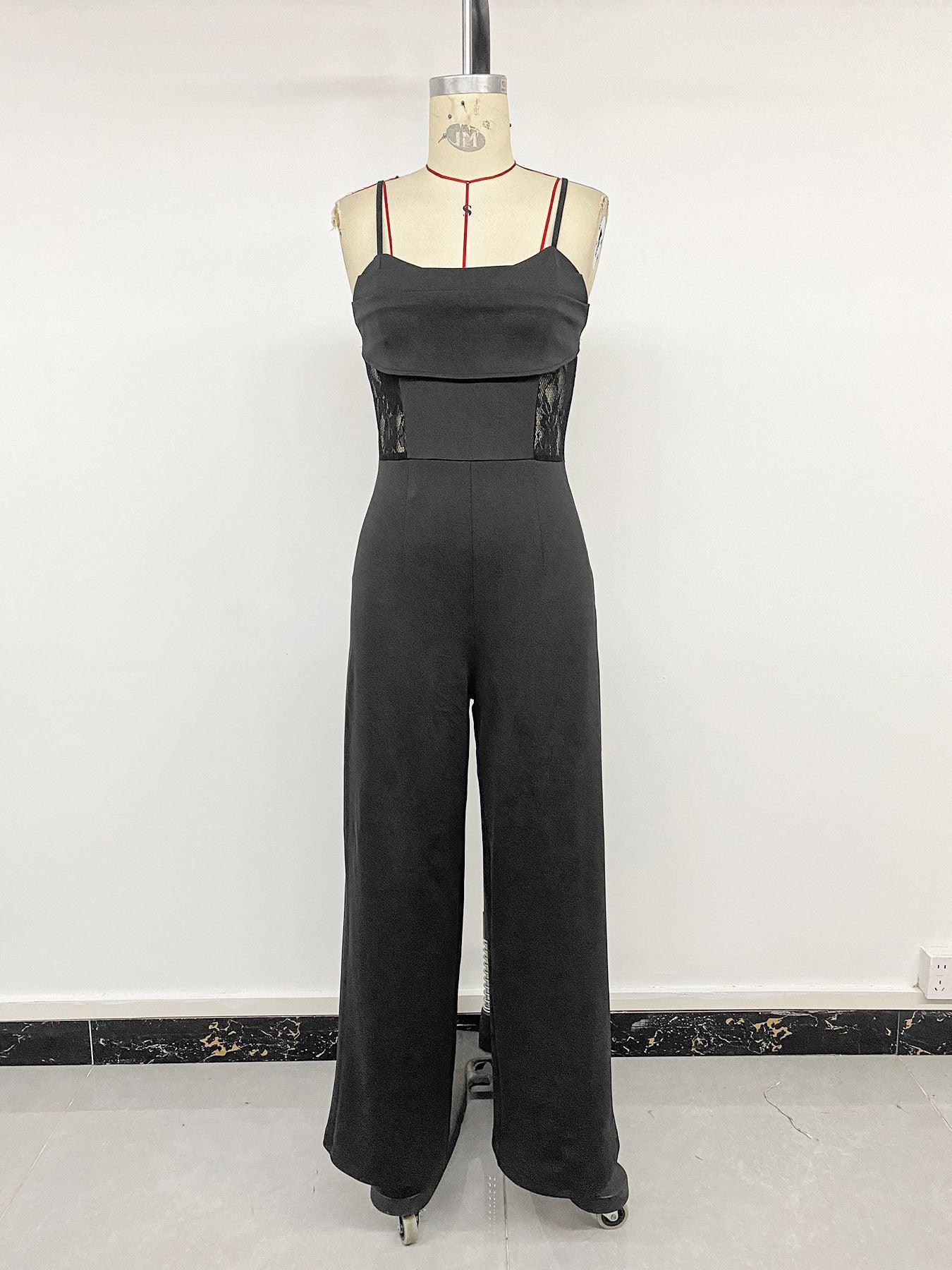 Black Lace Sheer Spaghetti Strap Wide Leg Jumpsuit