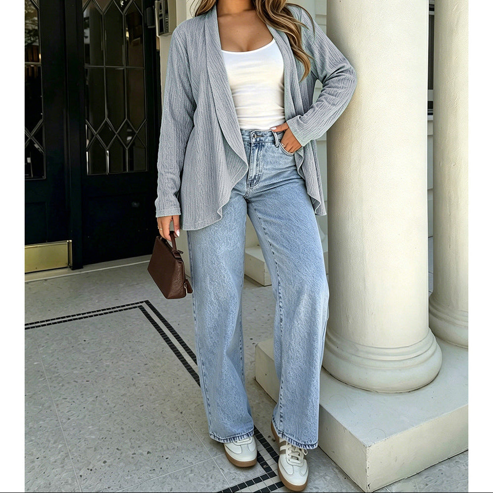 Women's Textured Shawl Collar Open Front Long Cardigan