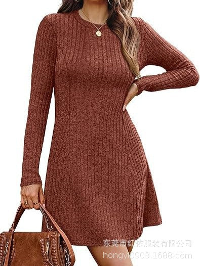 Ribbed Long Sleeve Crewneck Sweater Dress A-Line Mini