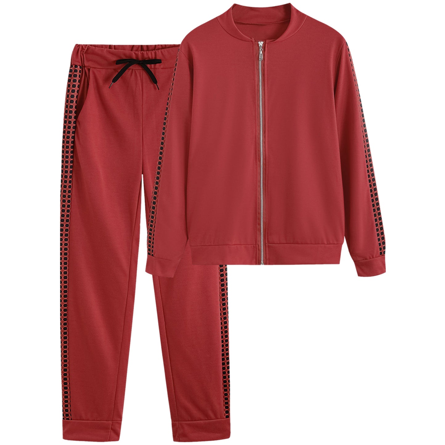 Women's Houndstooth Patchwork Zip-Up Tracksuit Set