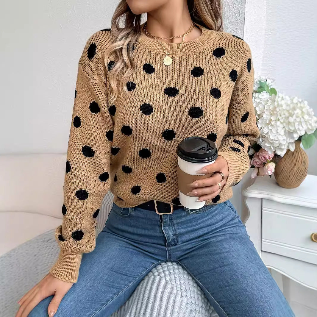 Women's Polka Dot Crew Neck Lantern Sleeve Sweater