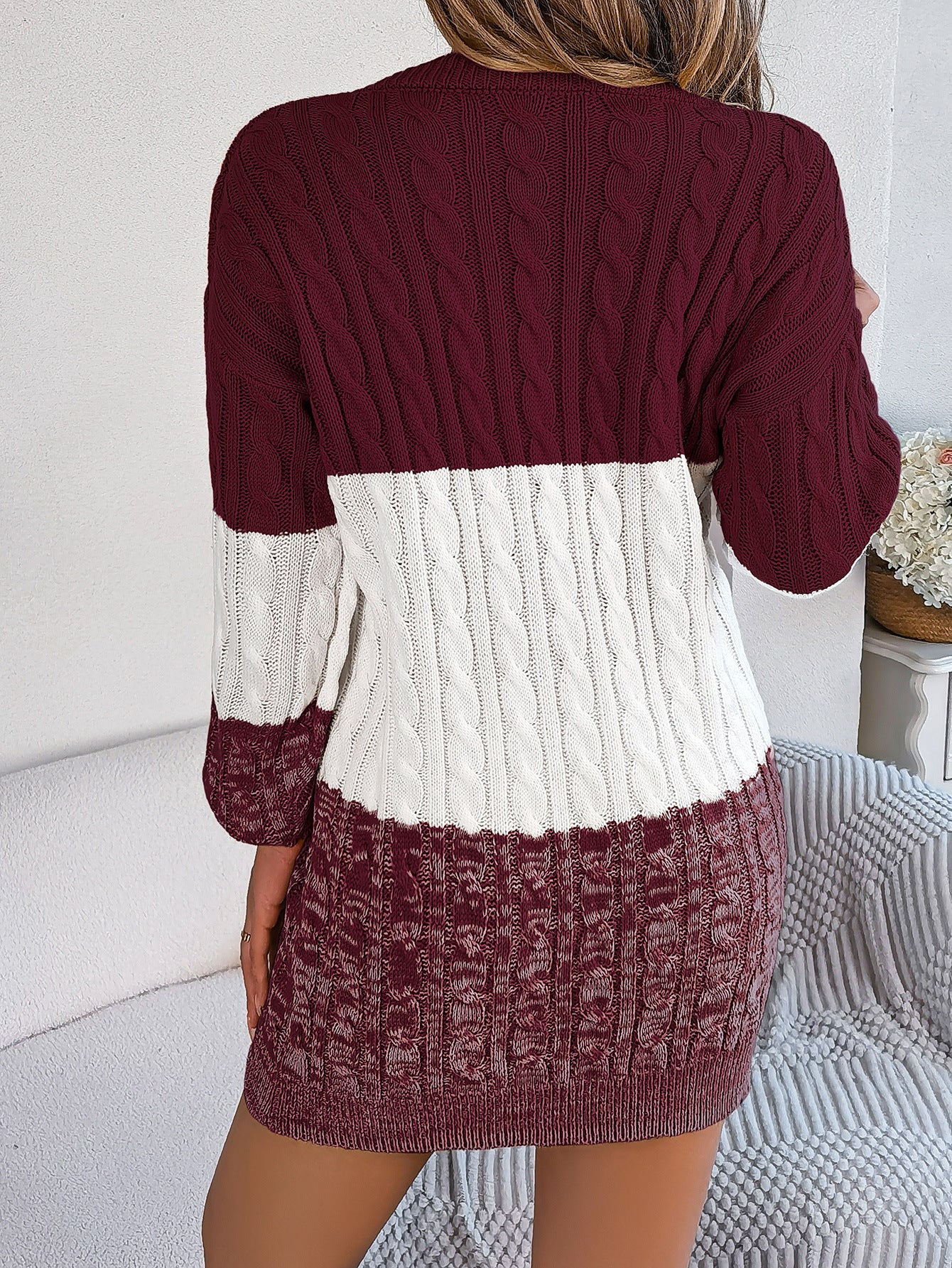 2025 Fall Winter Colorblock Cable Knit Lantern Sleeve Sweater Dress