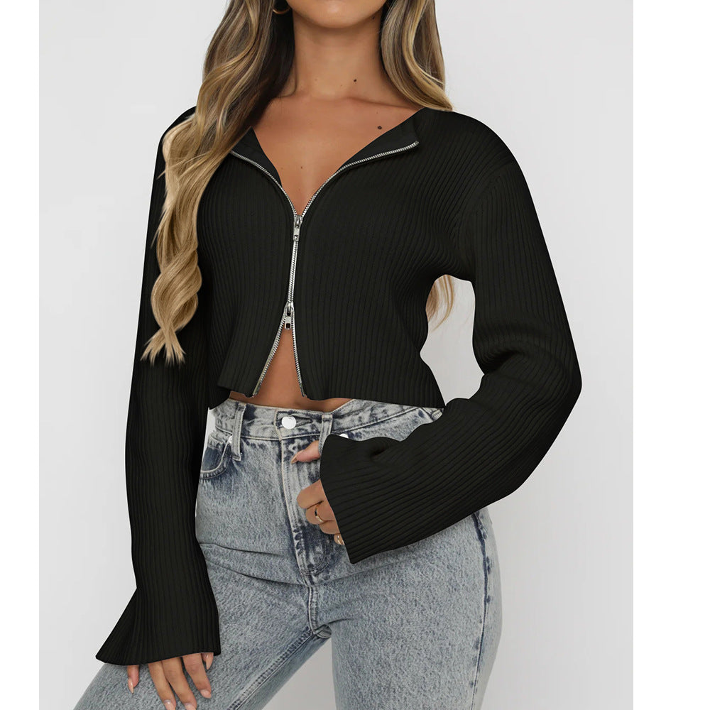 Women’s Ribbed Zip-Up Cropped Sweater with Flare Sleeves