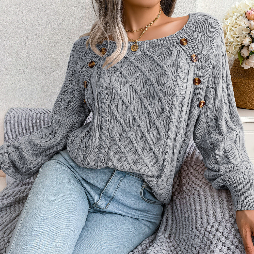 2025 Fall Winter Casual Square Neck Button Detail Cable Knit Sweater