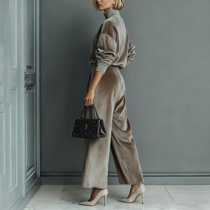 Velvet Mock Neck Wide Leg Pants Two Piece Lounge Set