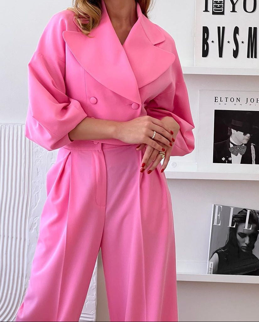 Womens Workwear Blazer Wide Leg Pants 2 Piece Matching Set