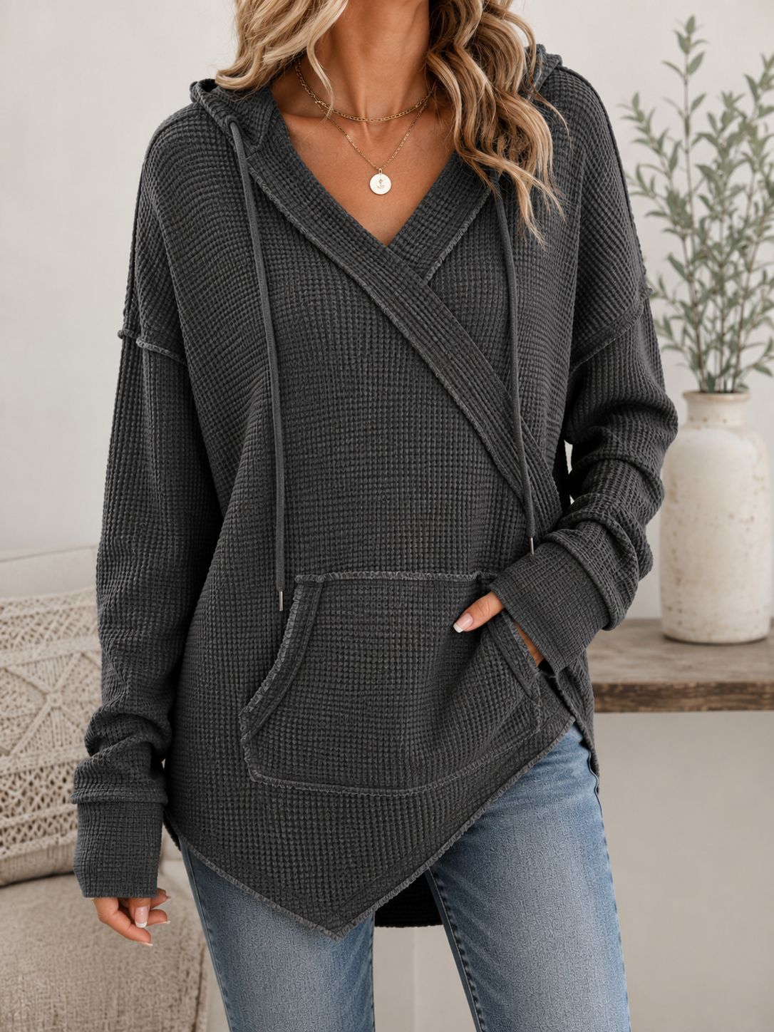 Women's Oversized Waffle Knit Hoodie V Neck Pullover