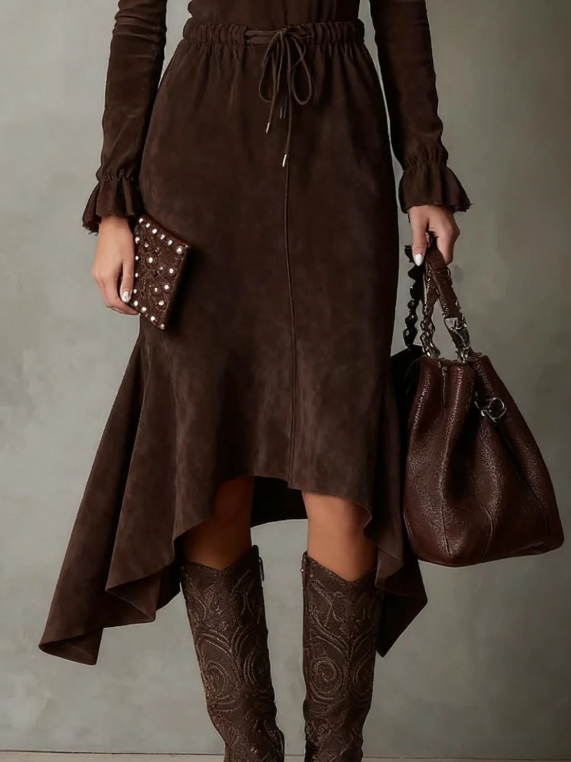 Women's Long Sleeve Drawstring Waist Hi-Lo Midi Dress