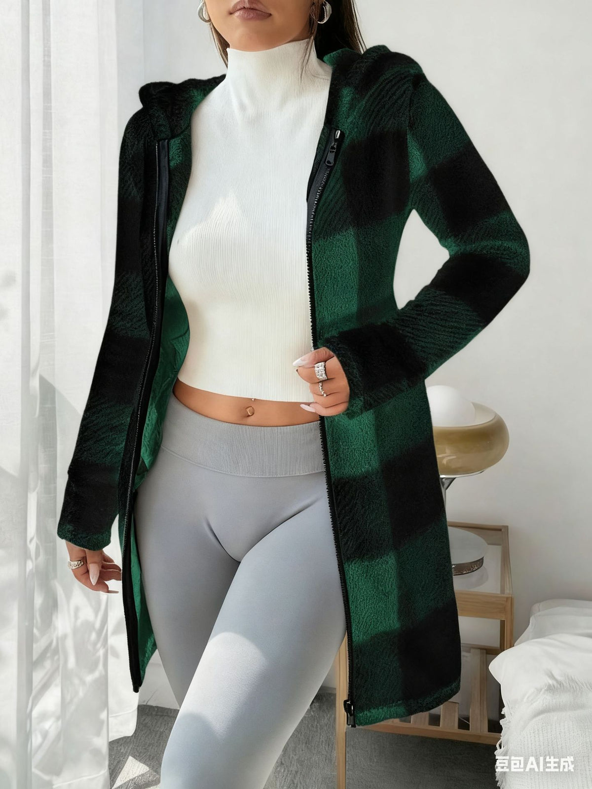 Women's Buffalo Plaid Sherpa Hooded Long Zip Jacket