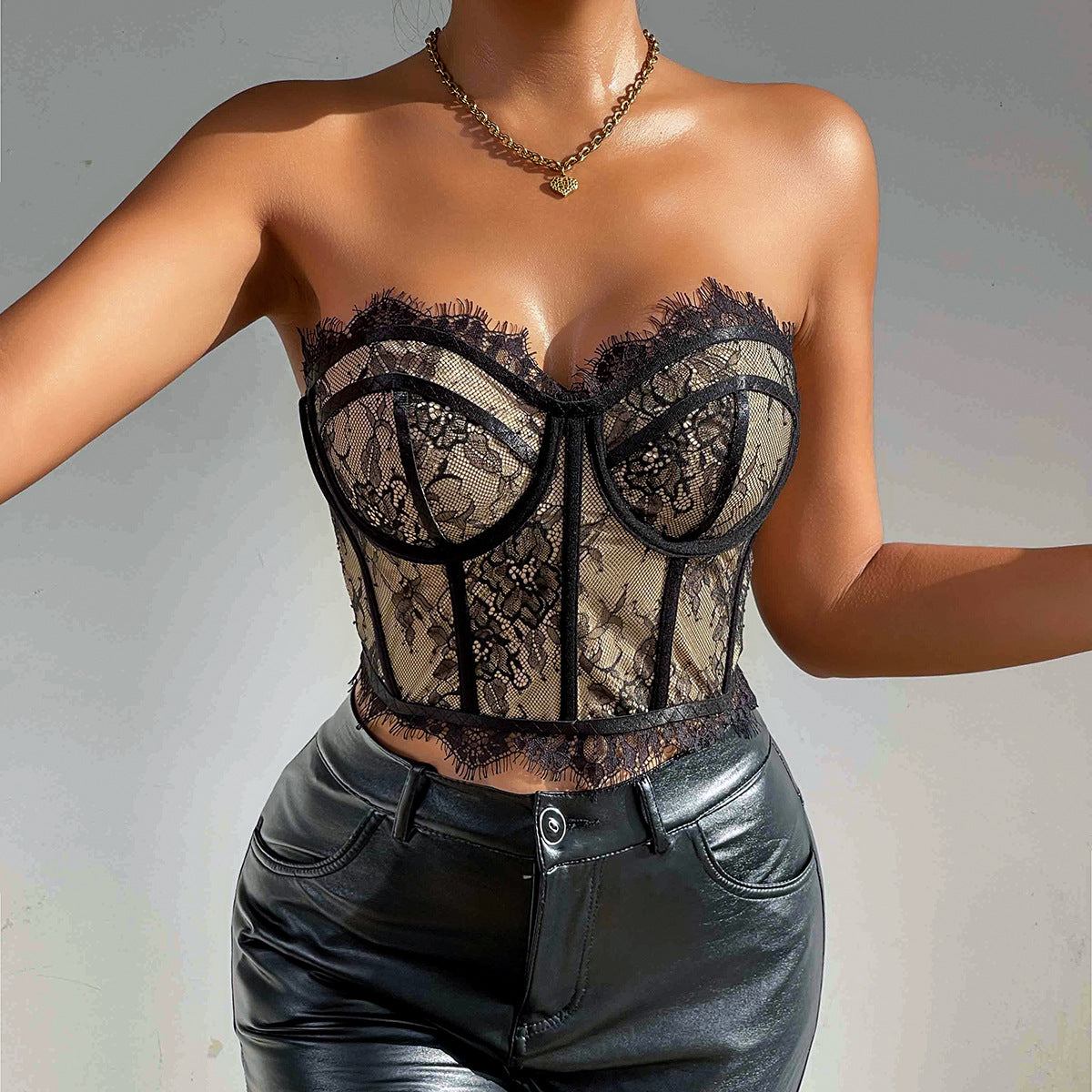 Black Lace Corset Top Strapless Bustier Crop Y2K