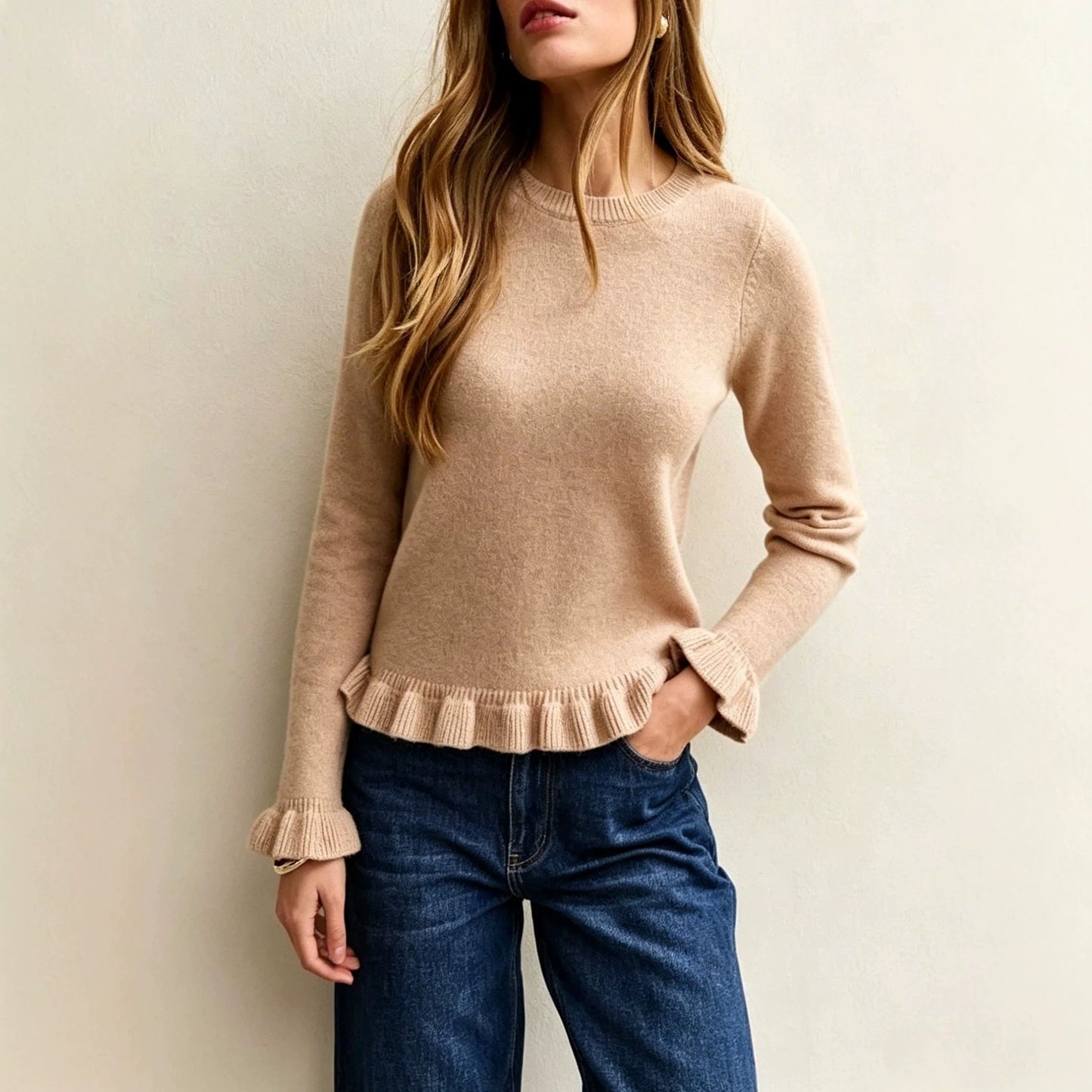 Ruffle Hem Knit Sweater Crew Neck Long Sleeve Top