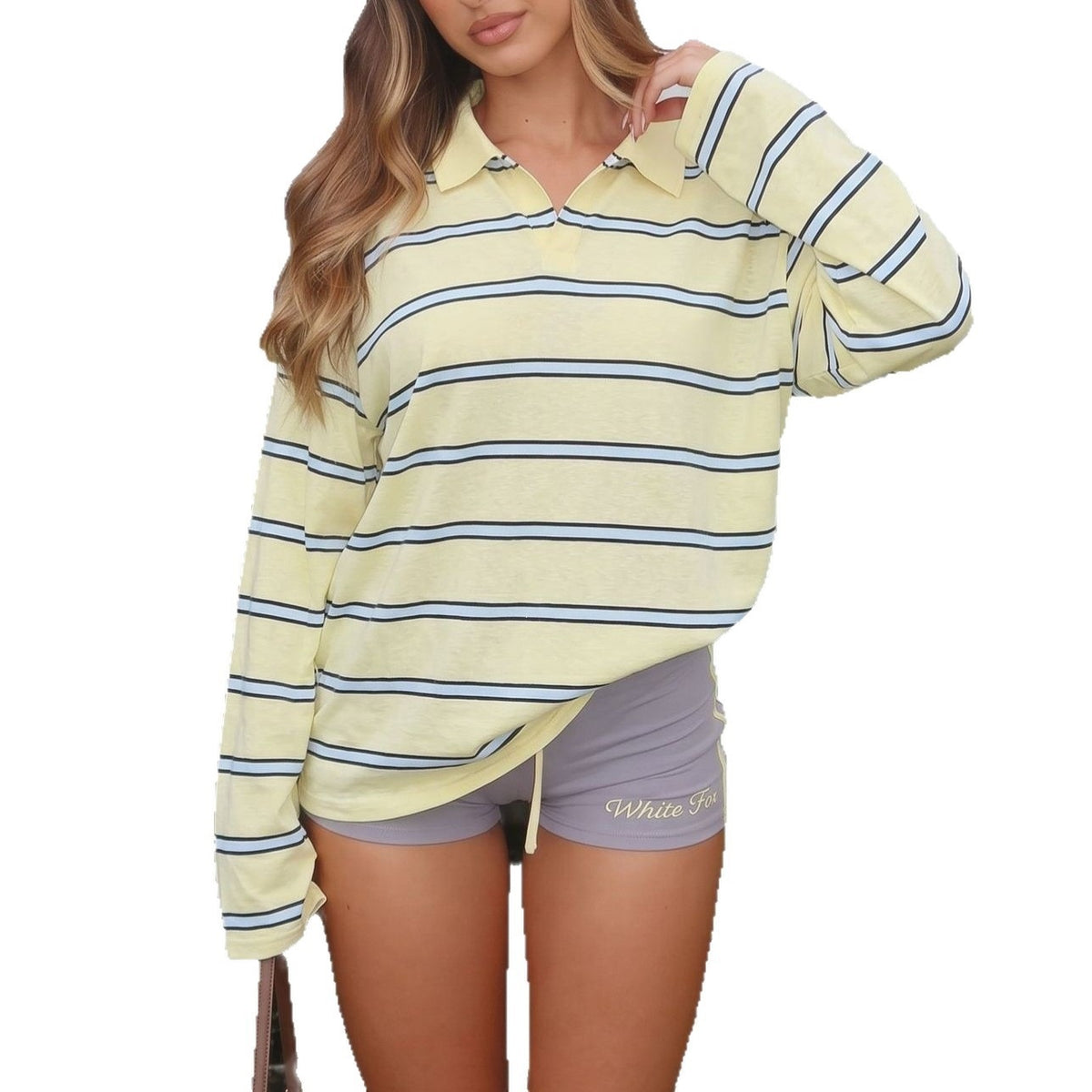 Striped Polo Sweater Long Sleeve Oversized Casual Top