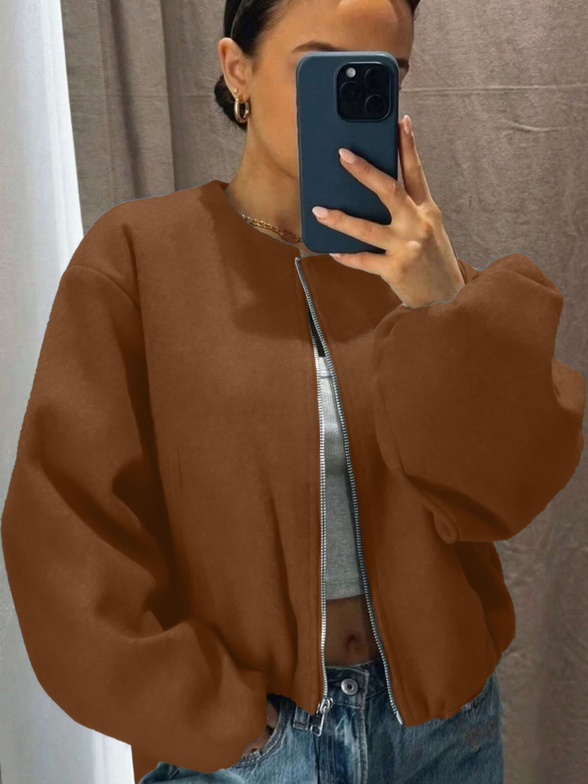Women's Cropped Zip Up Bomber Jacket Soft Lightweight