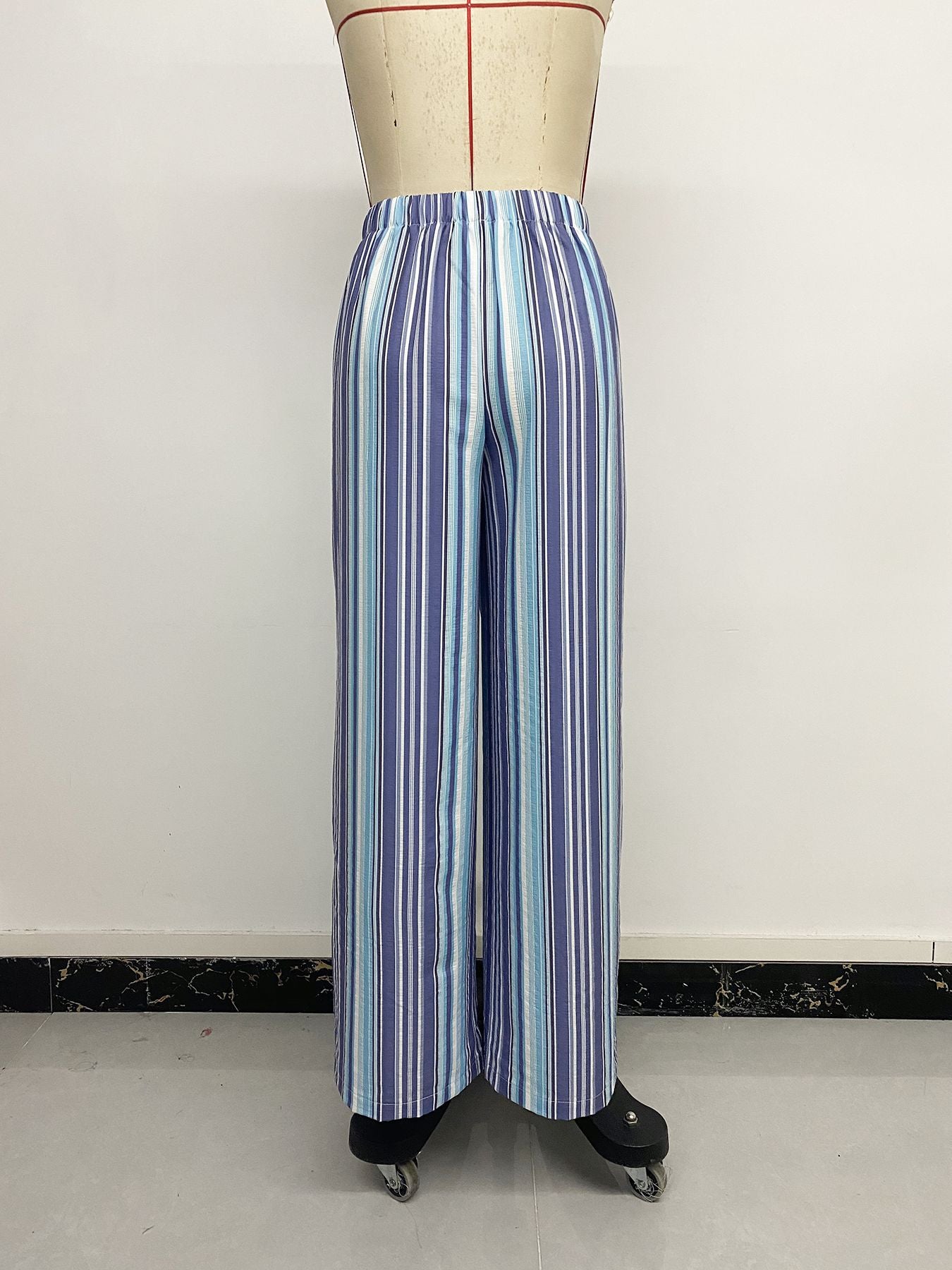 Blue Striped Drawstring Wide Leg Pants Casual Summer Trousers