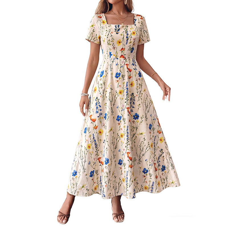 Square Neck Floral Puff Sleeve Summer Maxi Dress