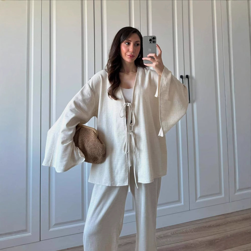Women's Tie Front Two Piece Lounge Pants Set