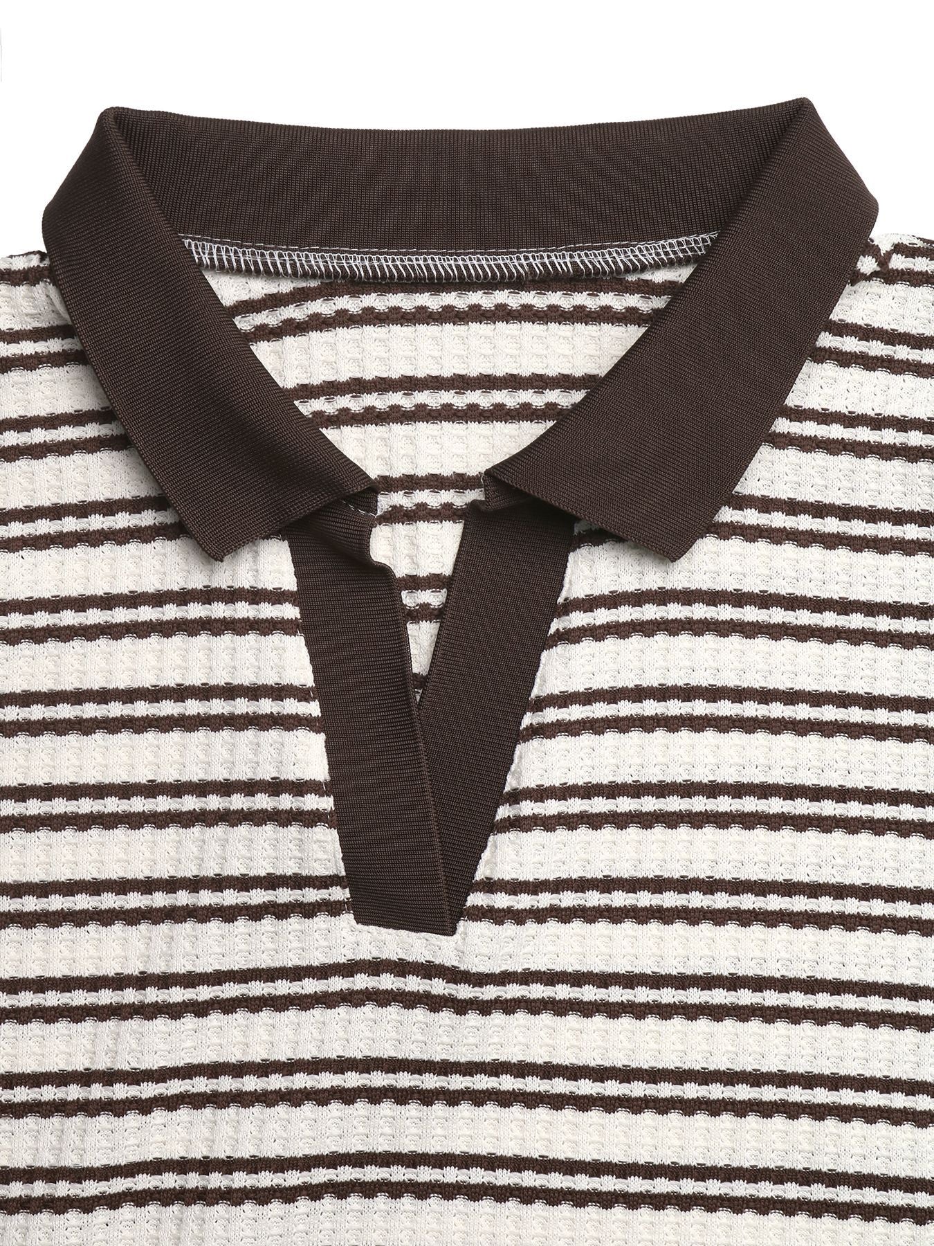 Waffle Knit Striped Polo V-Neck Short Sleeve Casual Top