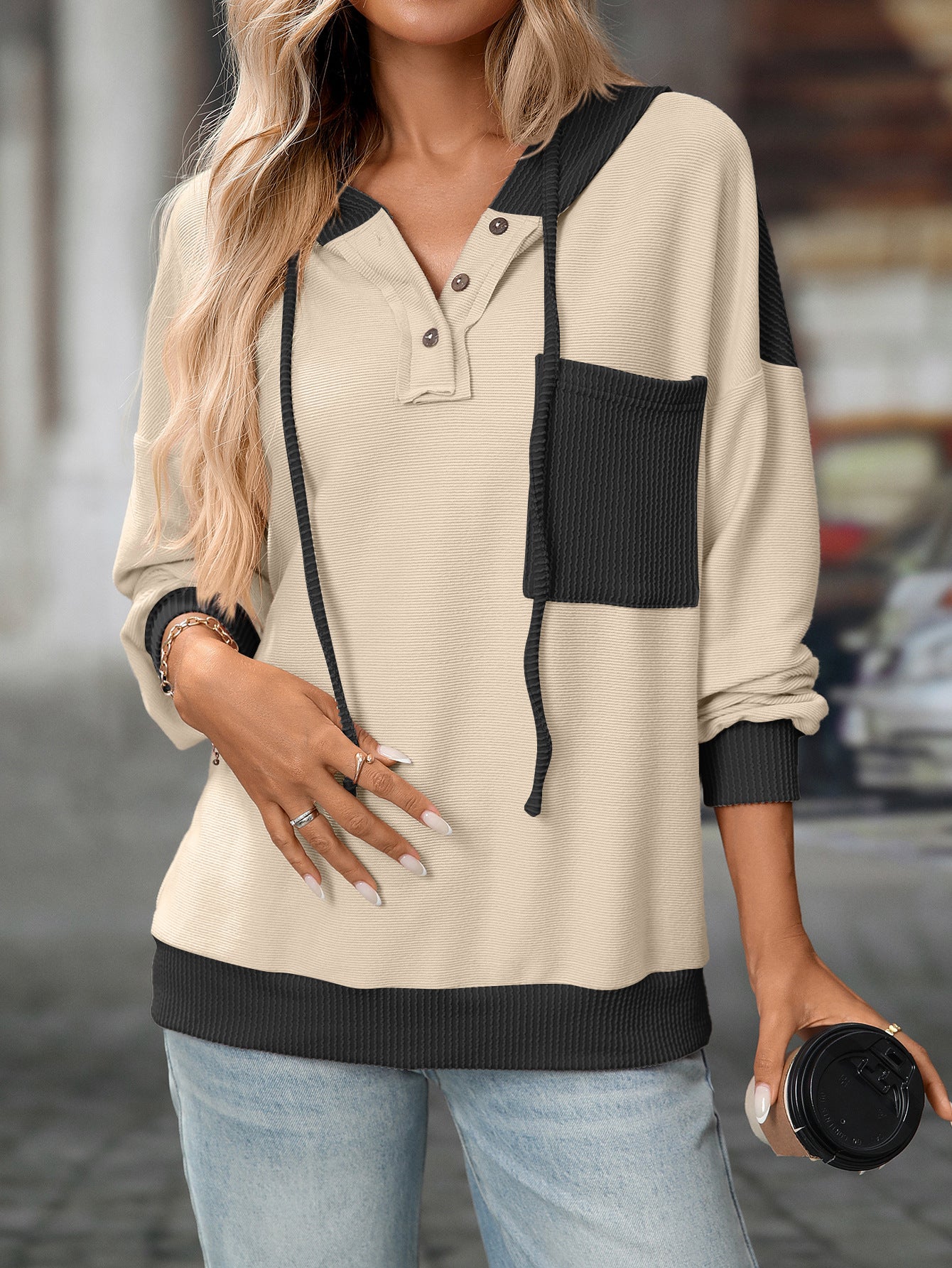 2025 Fall/Winter Colorblock Knit Trim Hoodie – Casual Pullover Sweatshirt