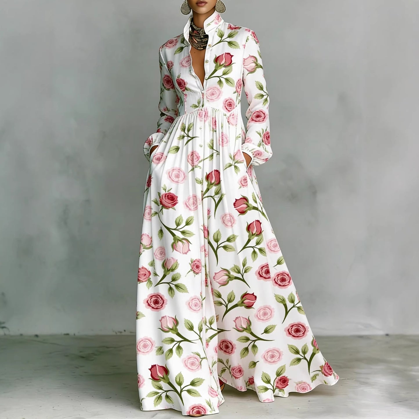 Boho Floral Maxi Dress Long Sleeve Button Down Pleated