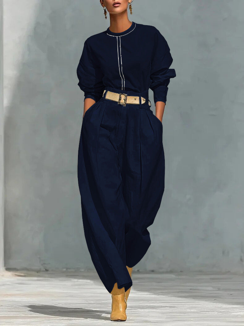 Women's Two Piece Belted Top & Wide Leg Pants Set