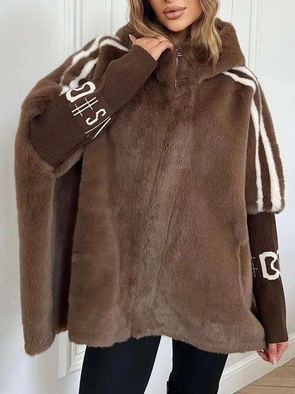 Women's Oversized Hooded Faux Fur Varsity Jacket