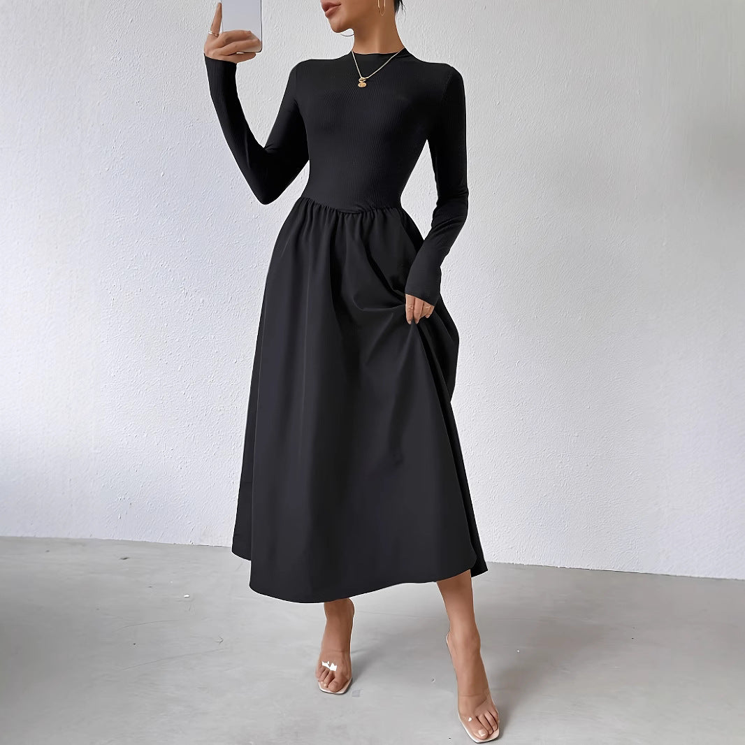 Black Mock Neck Long Sleeve Fit and Flare Maxi Dress