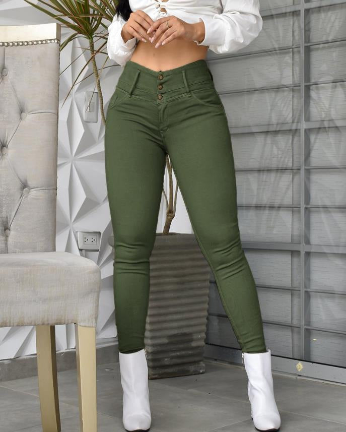 Women's High Waisted Skinny Pants Casual Button Front