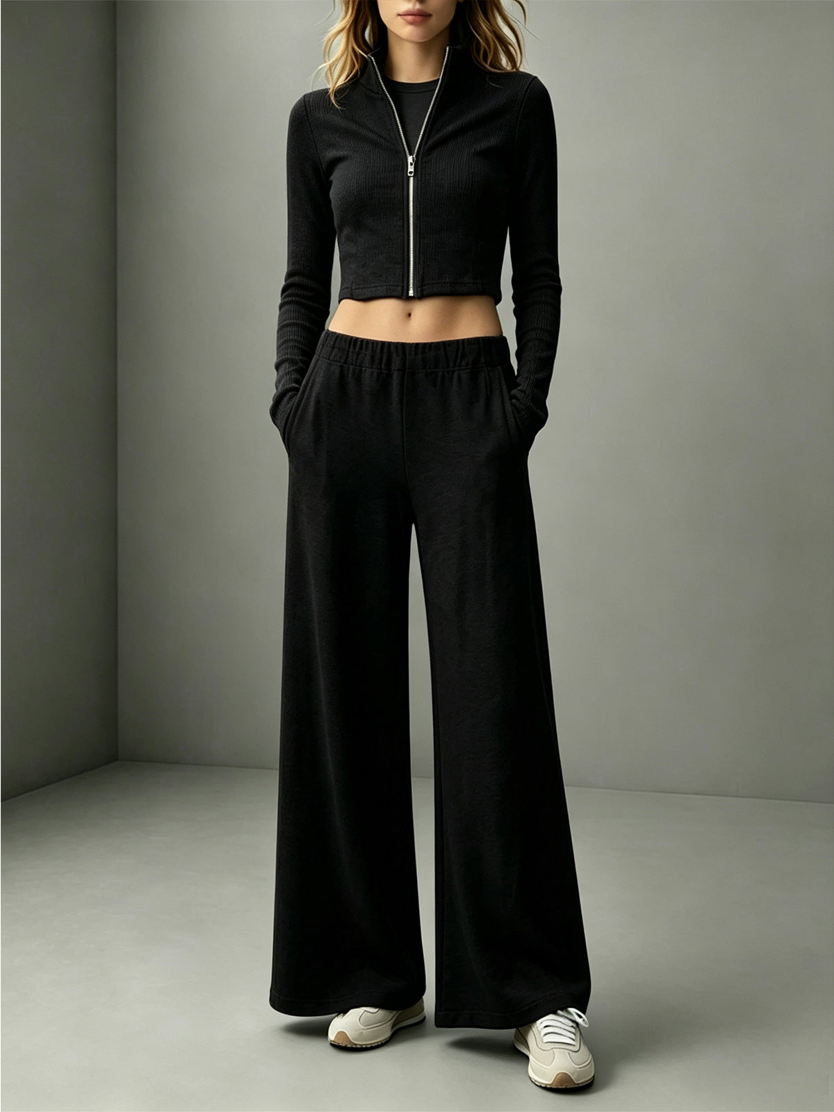 Women's 2 Piece Lounge Set Crop Zip Up Wide Leg Pants
