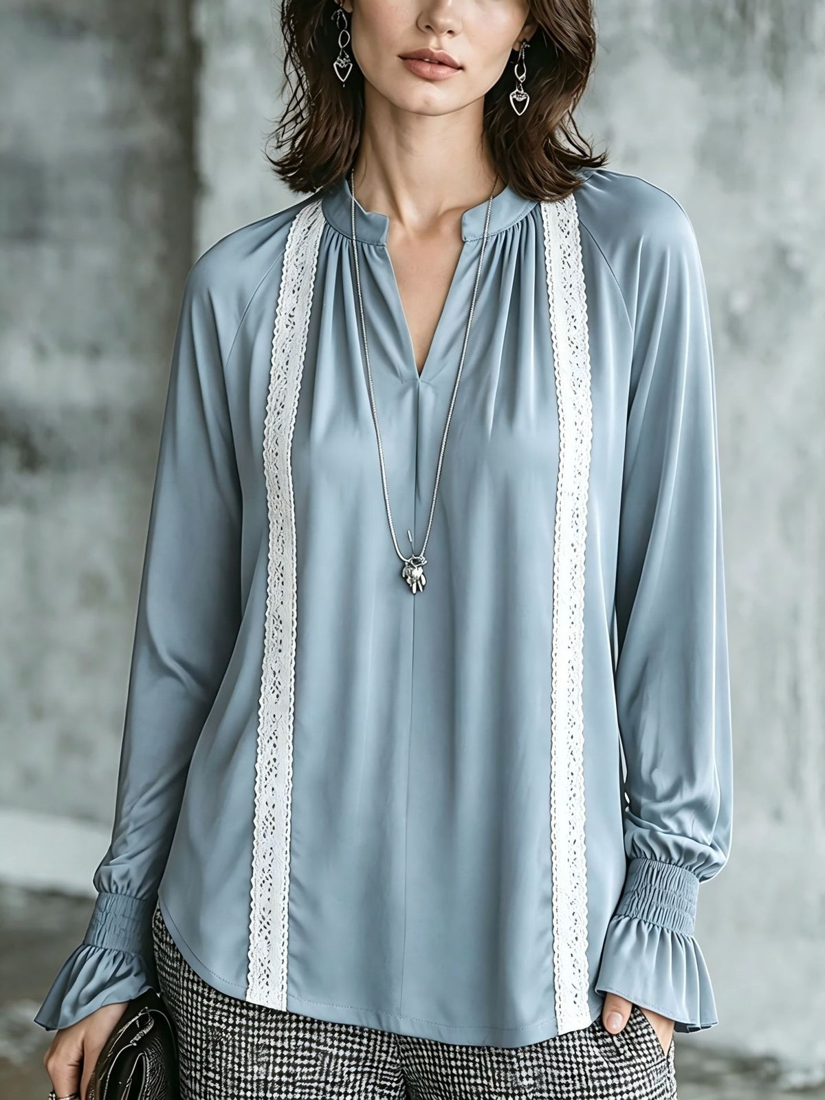 Women's Satin Lace Trim V-Neck Long Sleeve Blouse