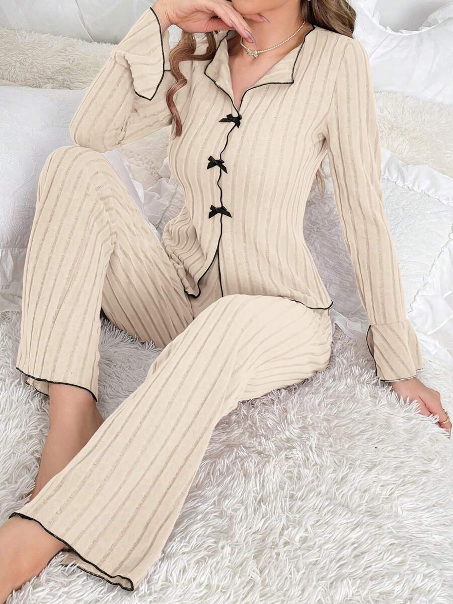 Women's Ribbed Bow Pajama Set Collared Loungewear